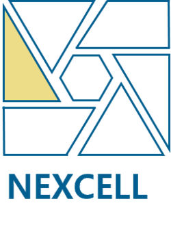 Geometrisches Logo mit einem sechseckigen Zentrum und umliegenden Dreiecken sowie dem Schriftzug 'NEXCELL' darunter.