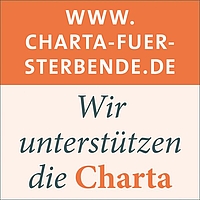 orangefarbenes Viereck mit Schrift: www.charta für Sterbende,de, Wir unterstützen die Charta