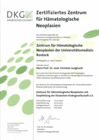 Urkunde für ein Zentrum für Hämatologische Neoplasien der Universitätsmedizin Rostock